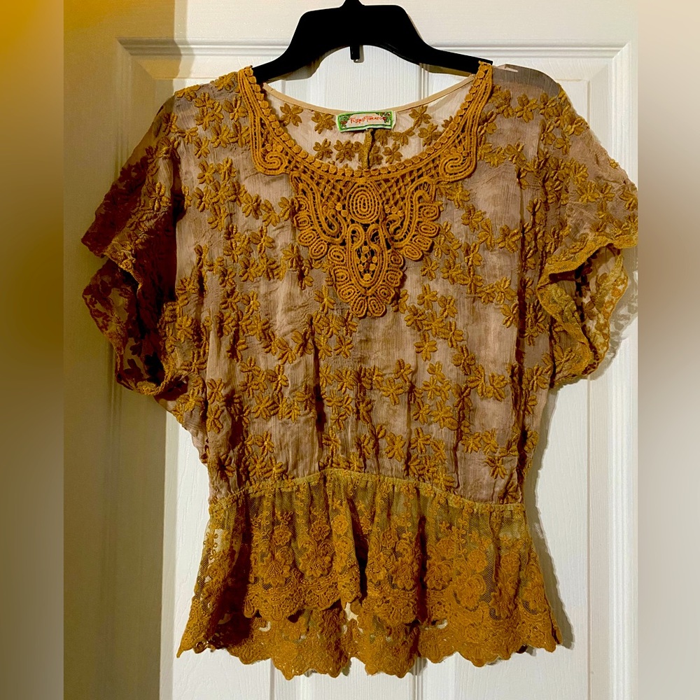 Flying Tomato Embroidered Cropped Top Sheer Floral Medium